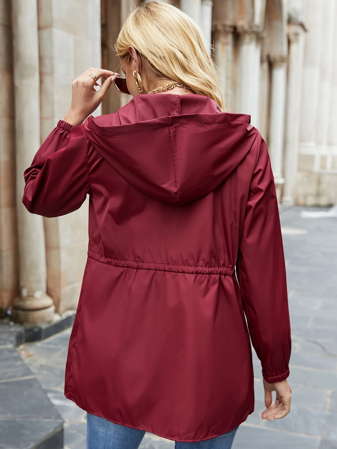 Jaqueta de cintura com zíper e cordão de cor lisa, jaqueta casual com capuz de manga comprida para primavera e outono, roupas femininas