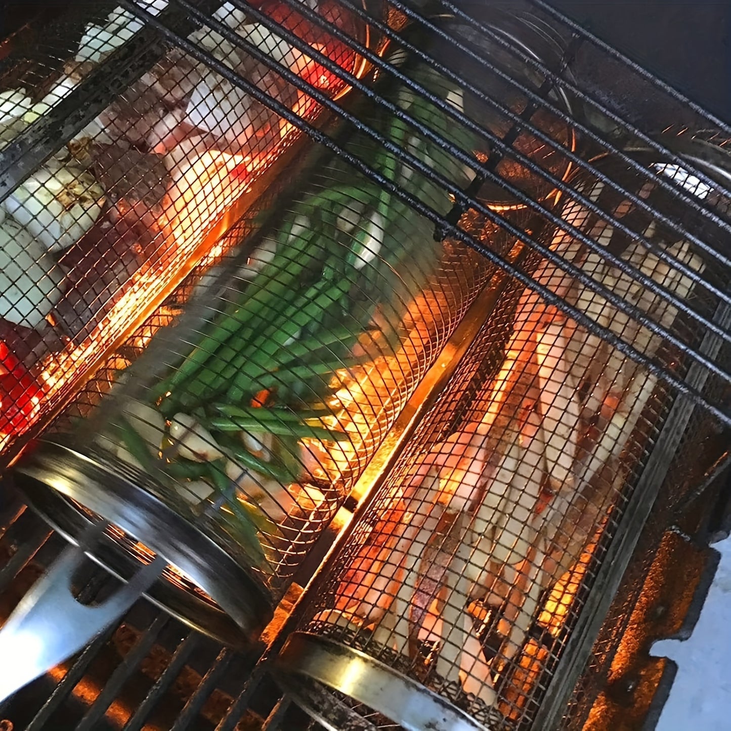 Conjunto de 3 peças (gaiola para grelha + garfo para grelha + gancho) em aço inoxidável, cesta portátil para churrasco ao ar livre, grelha redonda para fogueira, acessório multiuso para churrasqueira de acampamento