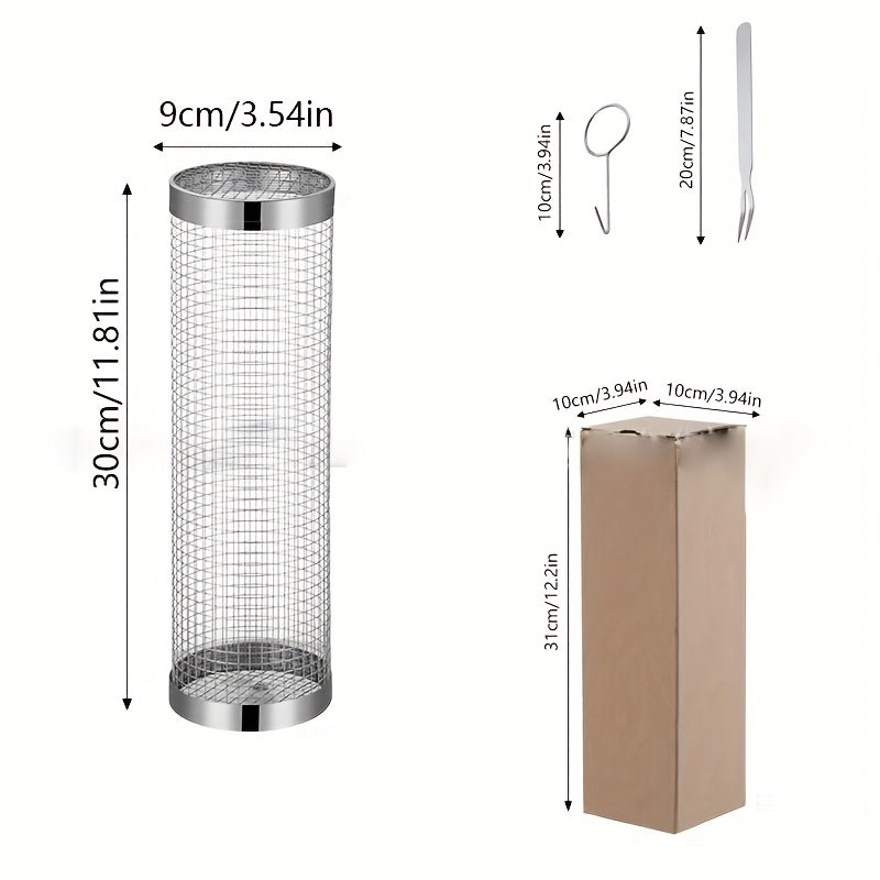 Conjunto de 3 peças (gaiola para grelha + garfo para grelha + gancho) em aço inoxidável, cesta portátil para churrasco ao ar livre, grelha redonda para fogueira, acessório multiuso para churrasqueira de acampamento