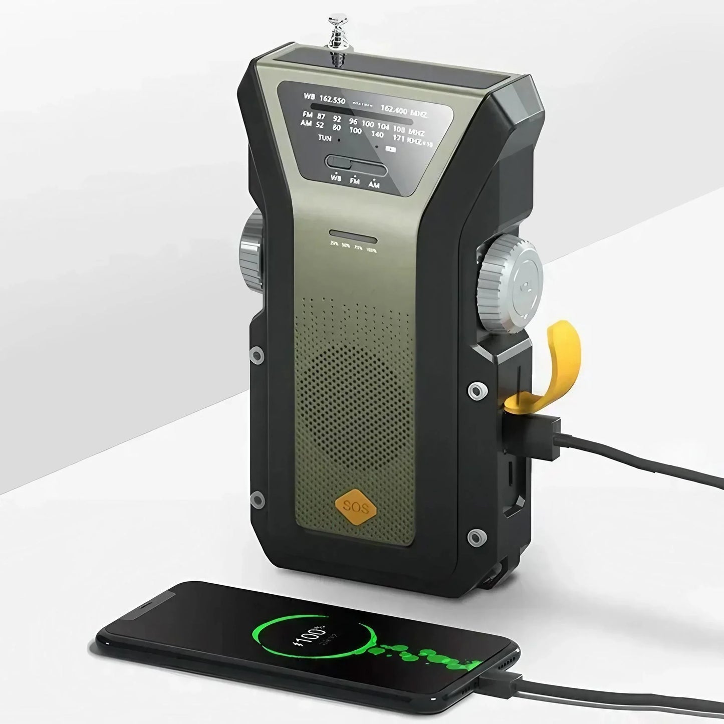 Rádio meteorológico de emergência, rádio multifuncional FM AM WB, manivela, carregamento USB solar, banco de energia de 2000 mAh, lanterna LED