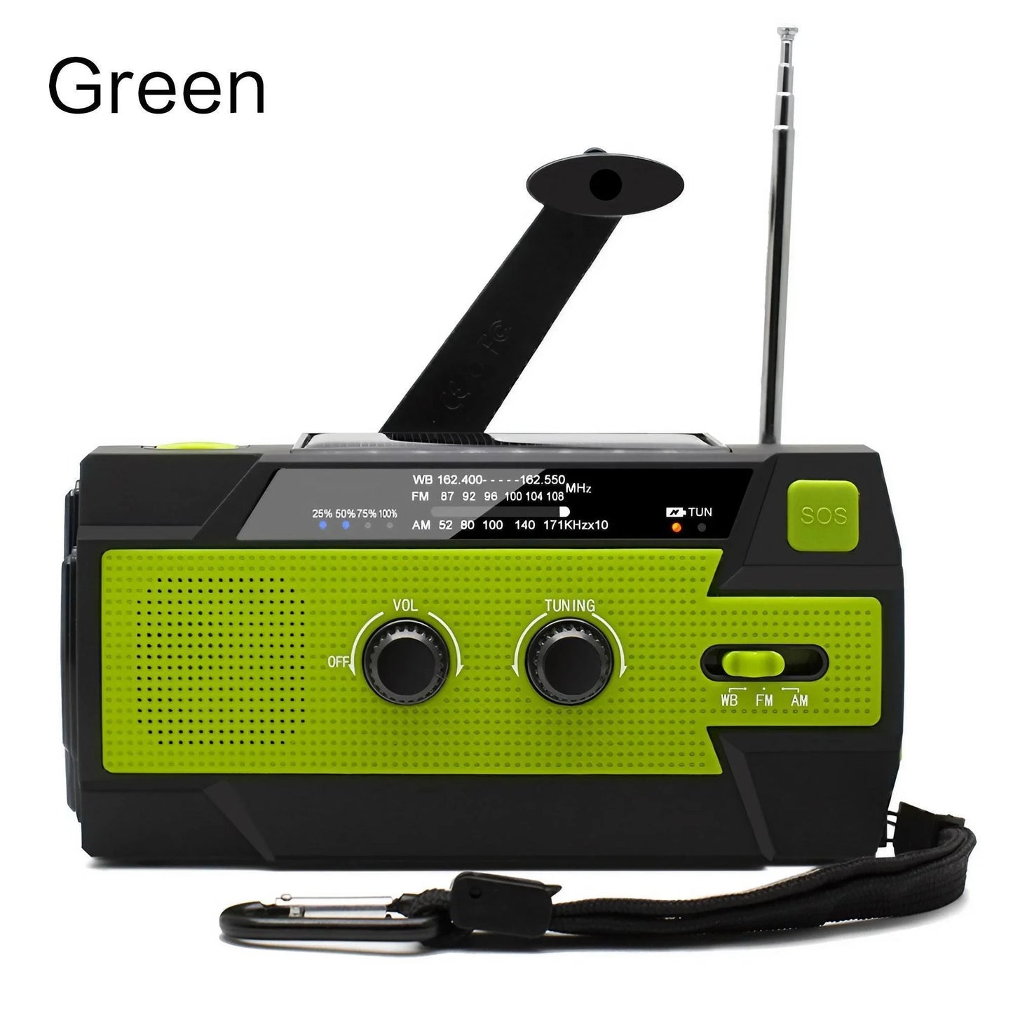 Rádio meteorológico de emergência, rádio multifuncional FM AM WB, manivela, carregamento USB solar, banco de energia de 2000 mAh, lanterna LED