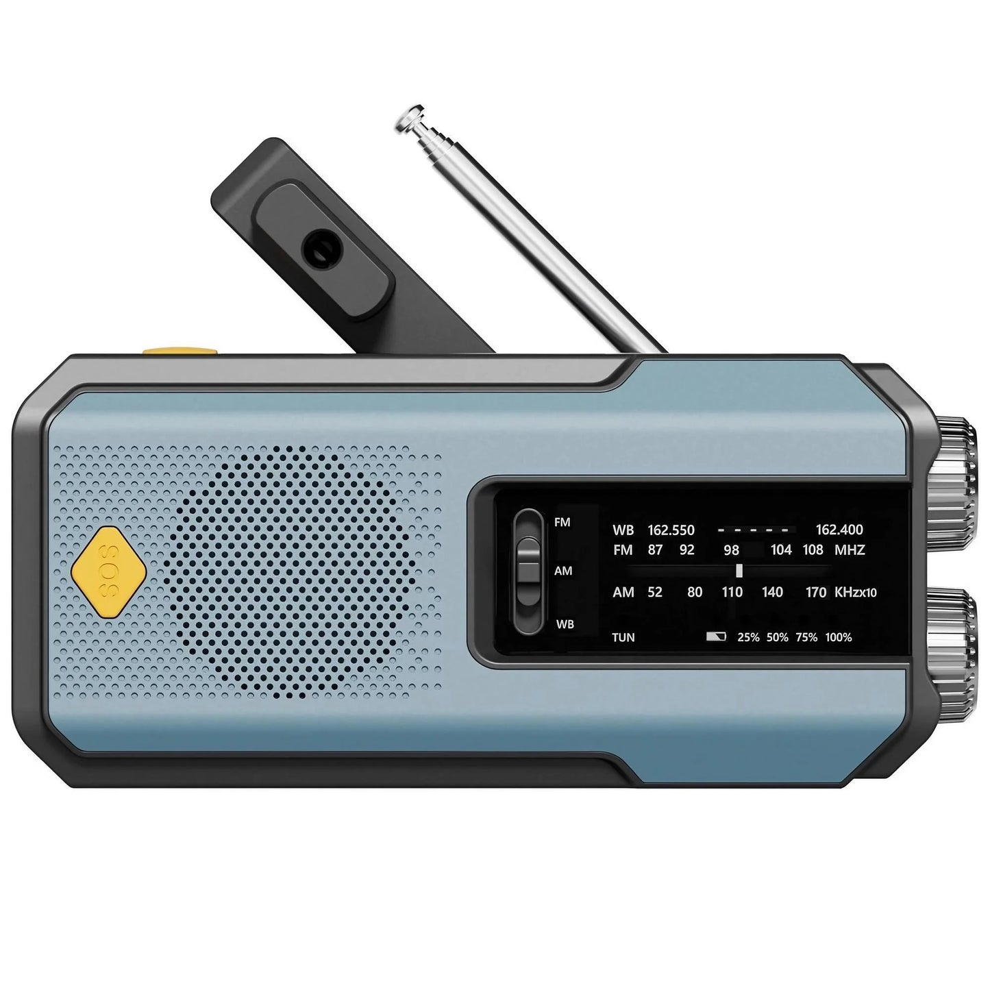 Rádio meteorológico de emergência, rádio multifuncional FM AM WB, manivela, carregamento USB solar, banco de energia de 2000 mAh, lanterna LED