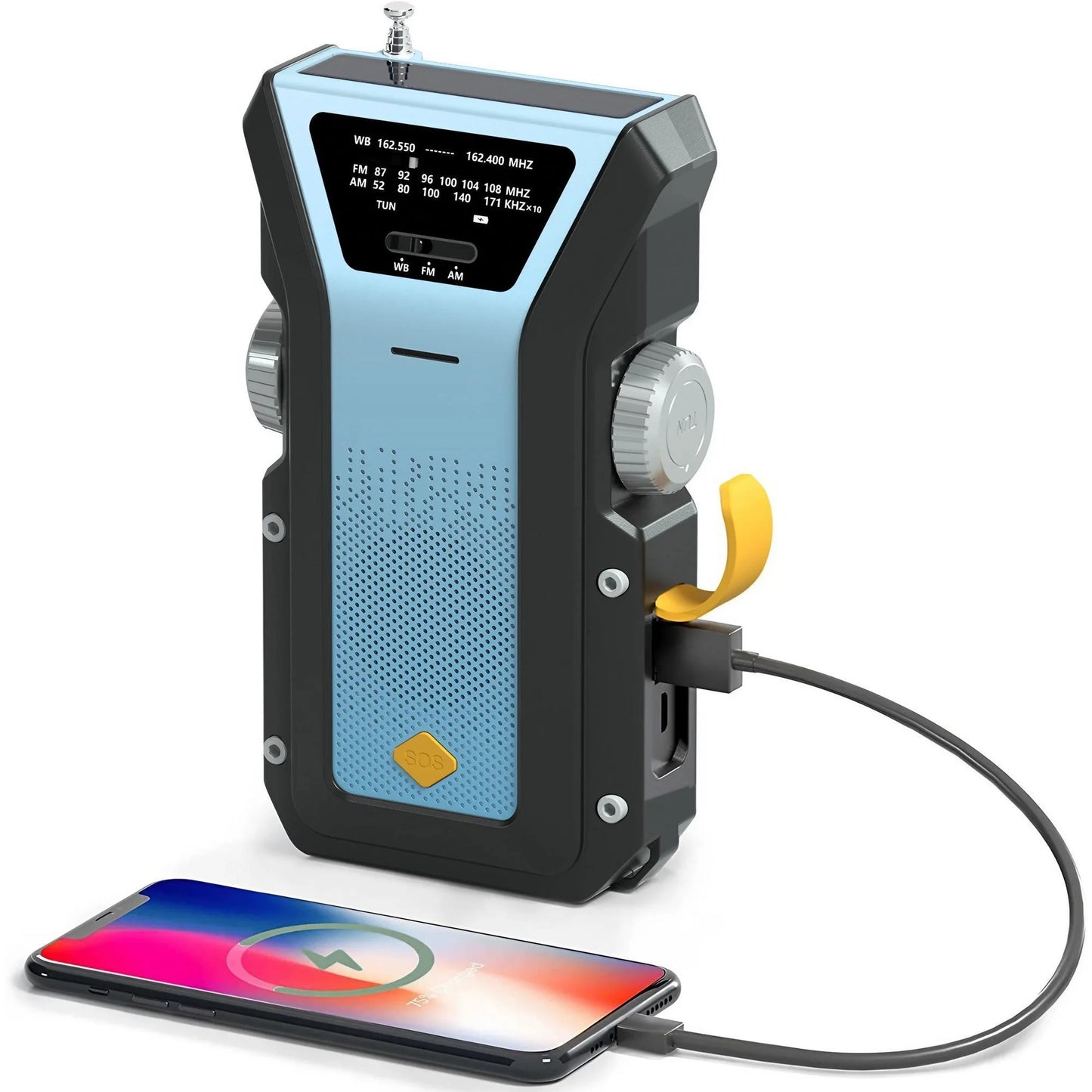 Rádio meteorológico de emergência, rádio multifuncional FM AM WB, manivela, carregamento USB solar, banco de energia de 2000 mAh, lanterna LED