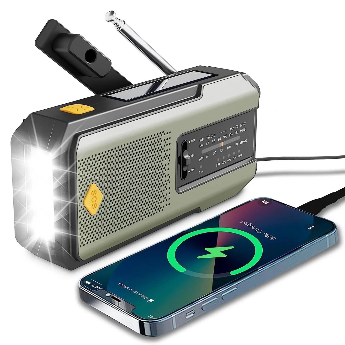 Rádio meteorológico de emergência, rádio multifuncional FM AM WB, manivela, carregamento USB solar, banco de energia de 2000 mAh, lanterna LED