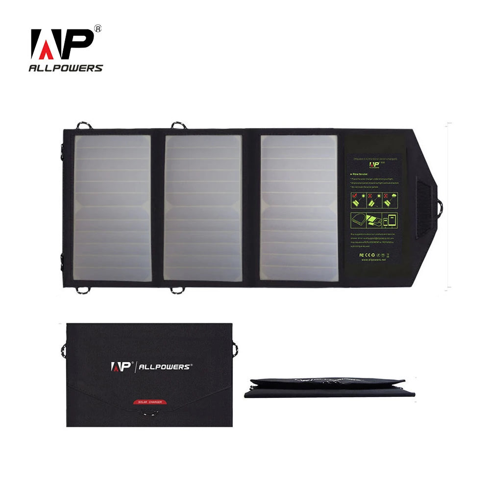 Carregador solar ALLPOWERS 5V / 18V Painel solar dobrável com porta USB, 21W de reserva doméstica / energia de emergência externa para todos os telefones