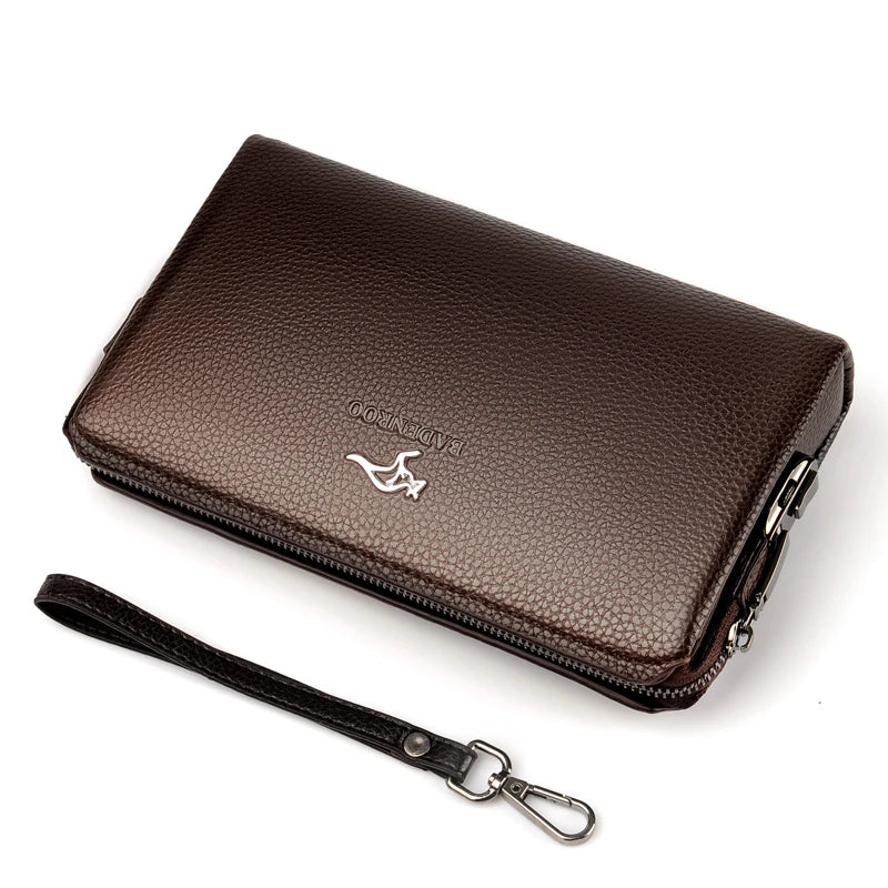 ENTREGAS TAMBÉM PARA O BRASIL, KANGAROO Bolsa de mão masculina de luxo, bolsa longa de couro com senha, bolsa para dinheiro, carteira de pulso para telefone, bolsa casual masculina