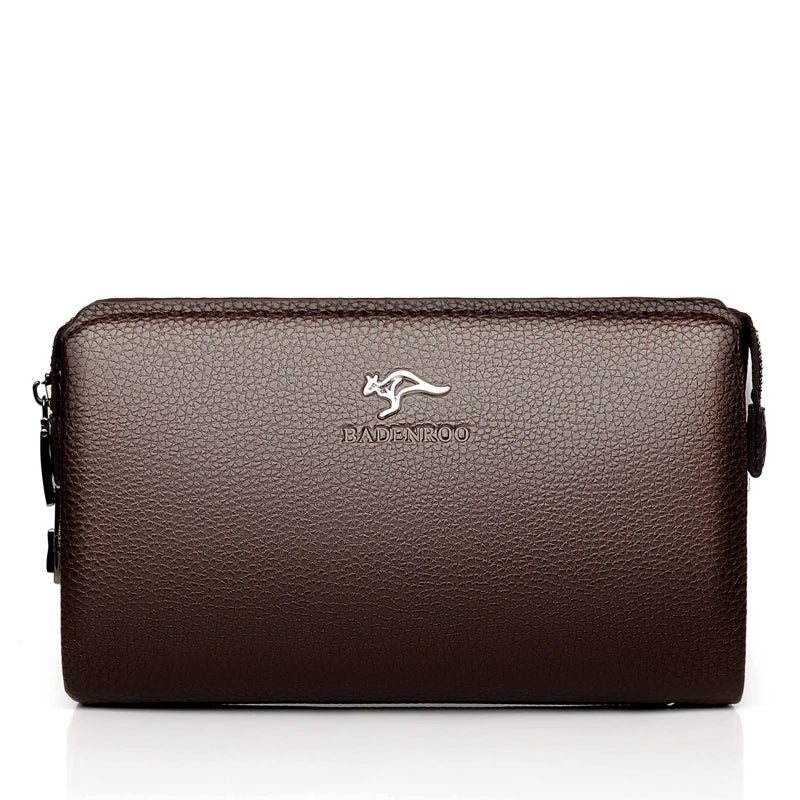 ENTREGAS TAMBÉM PARA O BRASIL, KANGAROO Bolsa de mão masculina de luxo, bolsa longa de couro com senha, bolsa para dinheiro, carteira de pulso para telefone, bolsa casual masculina