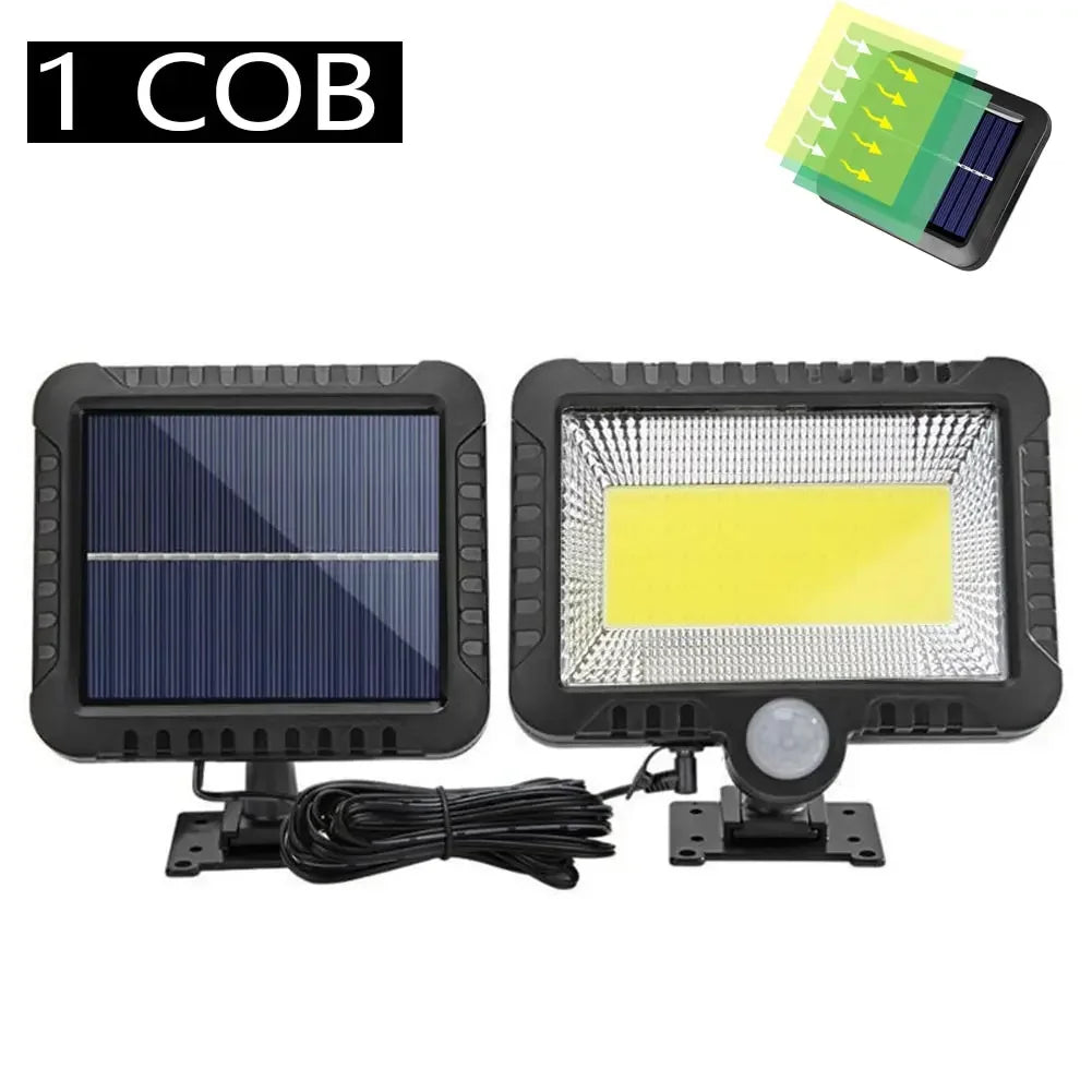 Luz solar externa COB 1/4/6 com sensor de movimento, 3 modos de iluminação IP65 à prova d'água para pátio, garagem, pátio, luz de parede de segurança