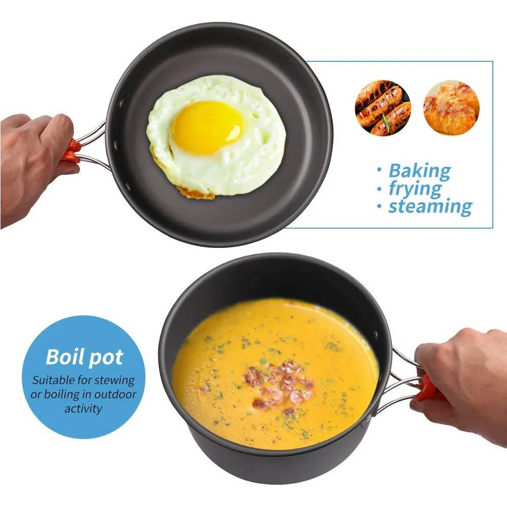 Conjunto de cozinha para acampamento, utensílios de cozinha para acampamento, utensílios de mesa para viagem, conjunto para piquenique ao ar livre, bule para 2 a 3 pessoas, potes antiaderentes, conjuntos variados