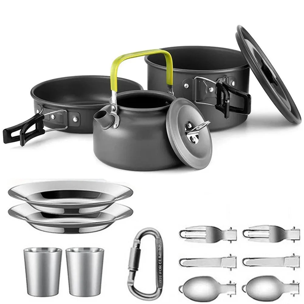 Conjunto de cozinha para acampamento, utensílios de cozinha para acampamento, utensílios de mesa para viagem, conjunto para piquenique ao ar livre, bule para 2 a 3 pessoas, potes antiaderentes, conjuntos variados