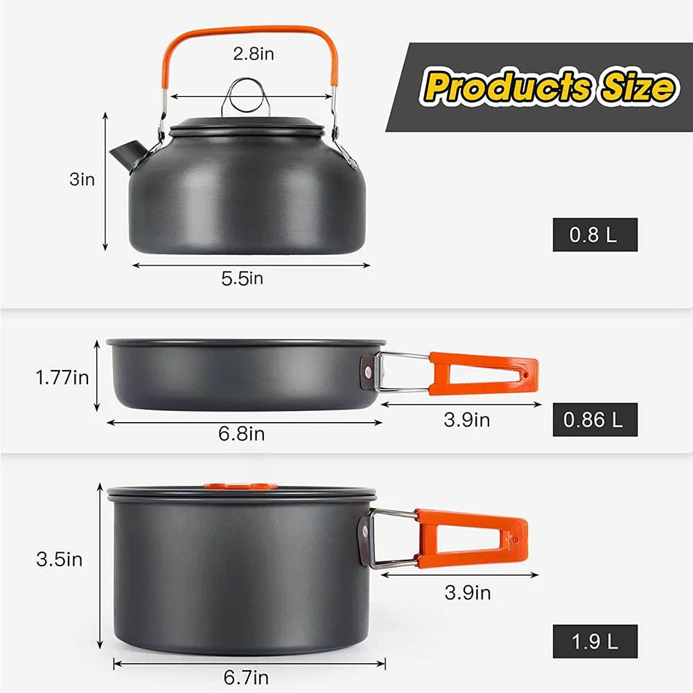 Conjunto de cozinha para acampamento, utensílios de cozinha para acampamento, utensílios de mesa para viagem, conjunto para piquenique ao ar livre, bule para 2 a 3 pessoas, potes antiaderentes, conjuntos variados