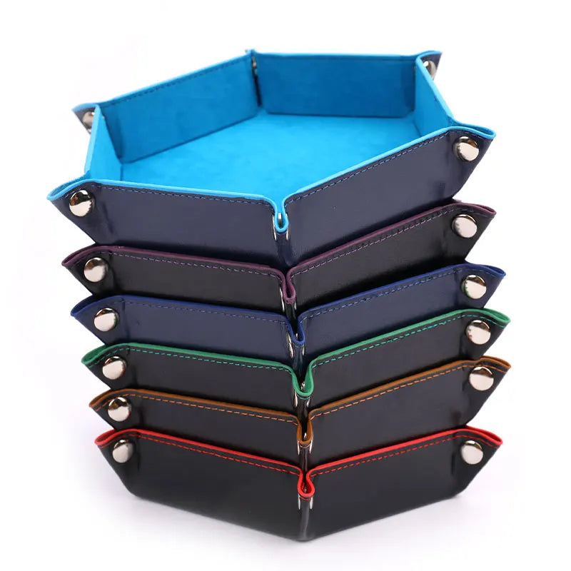 Nova caixa de bandeja hexagonal dobrável para dados, caixa de couro PU para armazenamento de mesa, bandeja quadrada para moedas hexagonais dobráveis, jogo de dados, 6 estilos