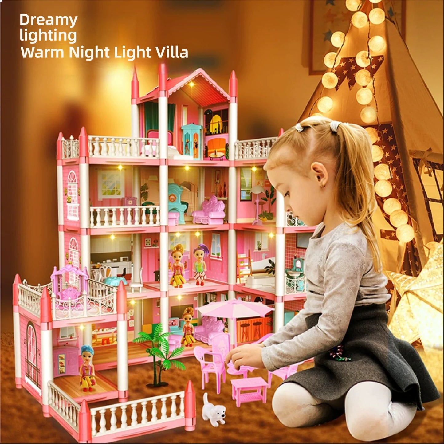 Kit de casa de bonecas castelo de princesa 3D faça você mesmo com luzes de LED | Modelo de vila em miniatura | Presente criativo de aniversário, brinquedo e decoração para casa