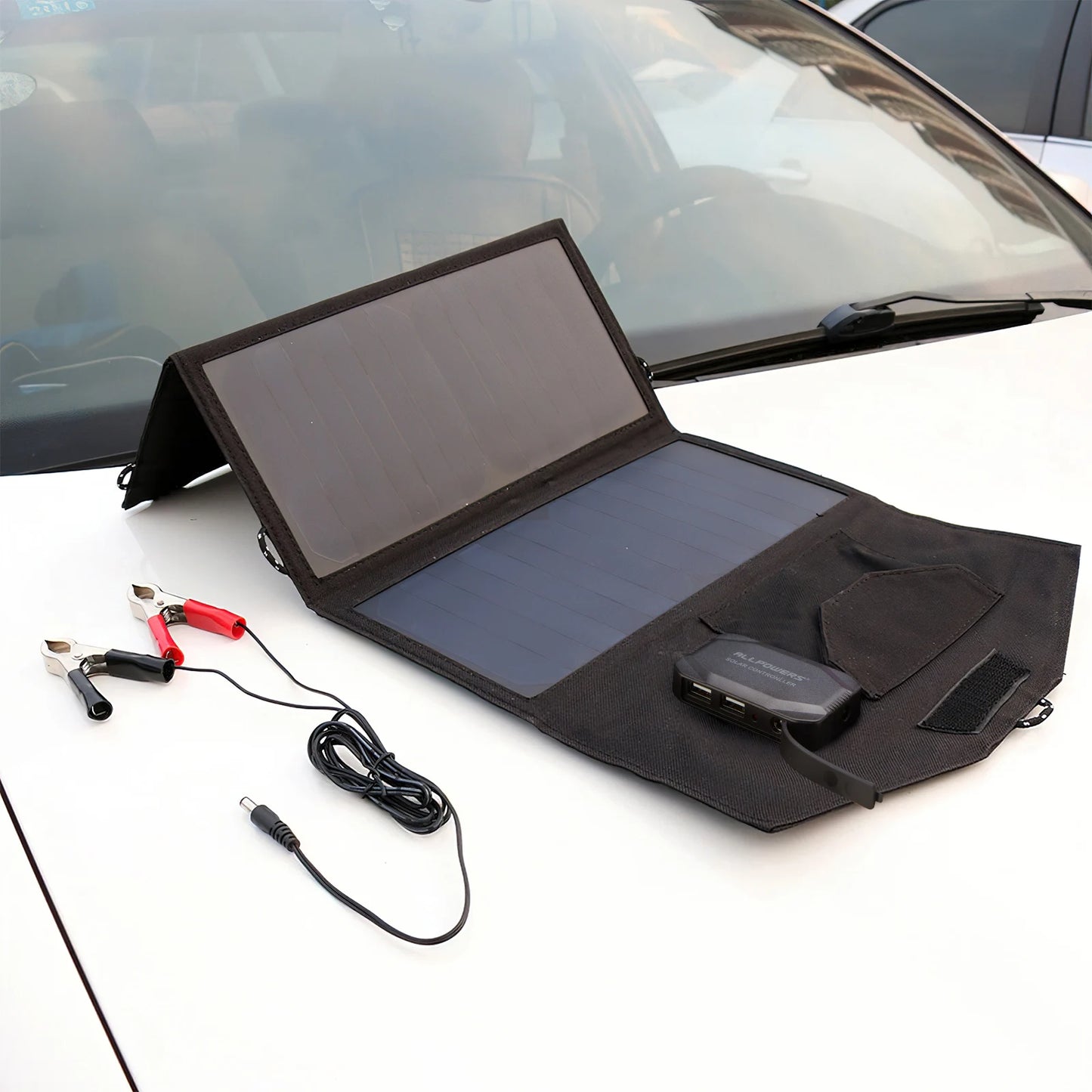 Carregador solar ALLPOWERS 5V / 18V Painel solar dobrável com porta USB, 21W de reserva doméstica / energia de emergência externa para todos os telefones