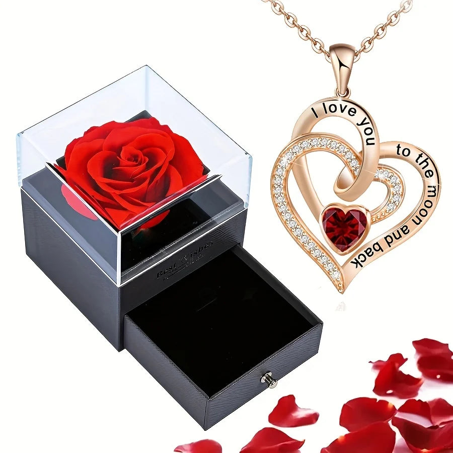 Colar de zircônia de coração, de amor, de luxo com caixa de presentes de flores de rosas para mulheres e namoradas
