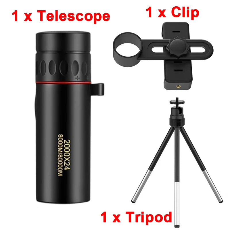 Telescópio monocular HD 2000x24, mini telescópio portátil com zoom para áreas externas, telescópio para viagem, caminhada, acampamento, observação de pássaros