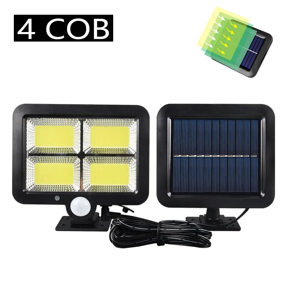 Luz solar externa COB 1/4/6 com sensor de movimento, 3 modos de iluminação IP65 à prova d'água para pátio, garagem, pátio, luz de parede de segurança