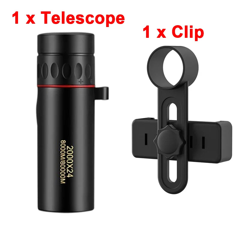 Telescópio monocular HD 2000x24, mini telescópio portátil com zoom para áreas externas, telescópio para viagem, caminhada, acampamento, observação de pássaros