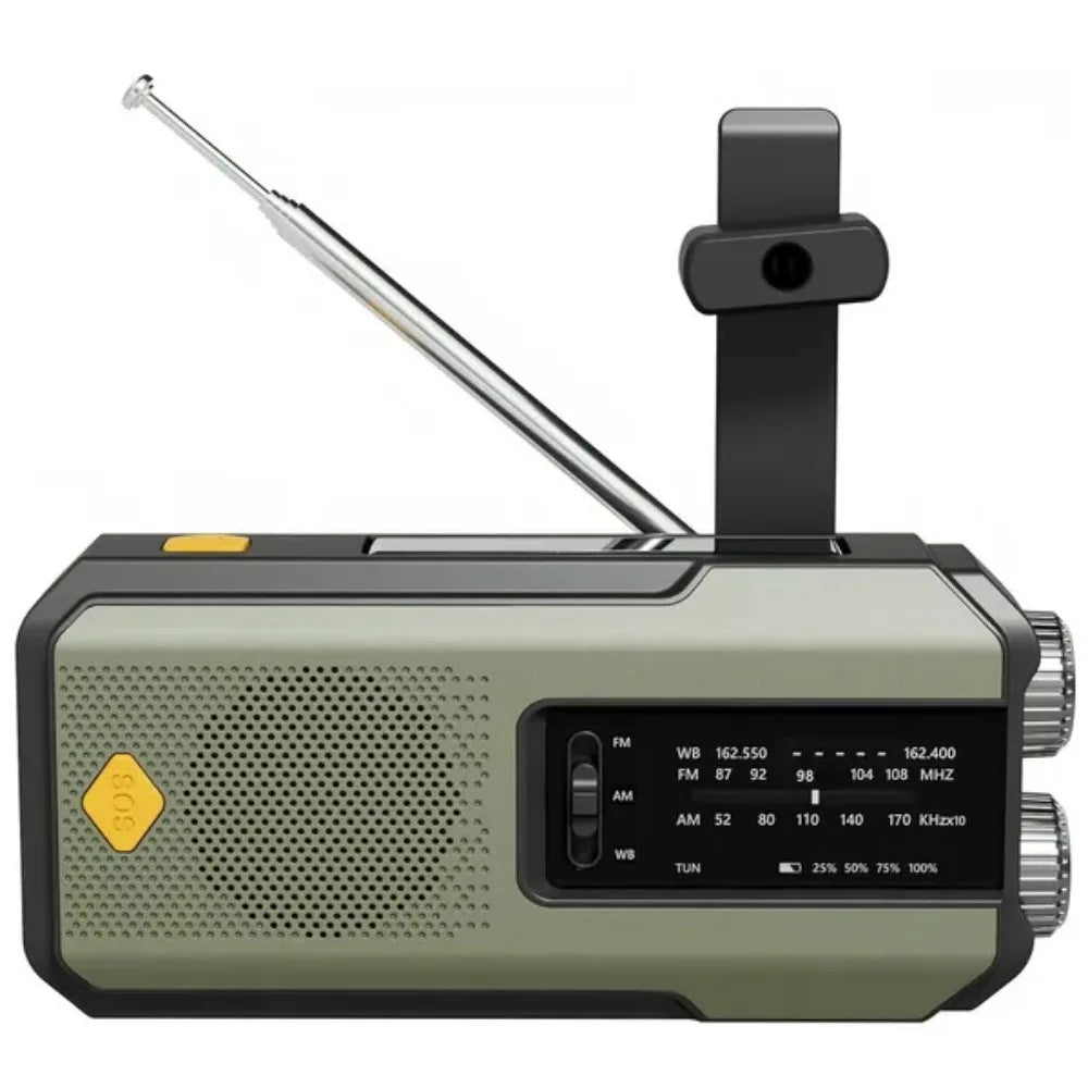 Rádio meteorológico de emergência, rádio multifuncional FM AM WB, manivela, carregamento USB solar, banco de energia de 2000 mAh, lanterna LED