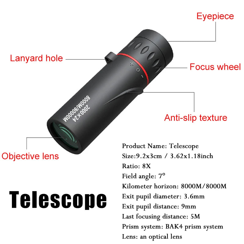 Telescópio monocular HD 2000x24, mini telescópio portátil com zoom para áreas externas, telescópio para viagem, caminhada, acampamento, observação de pássaros