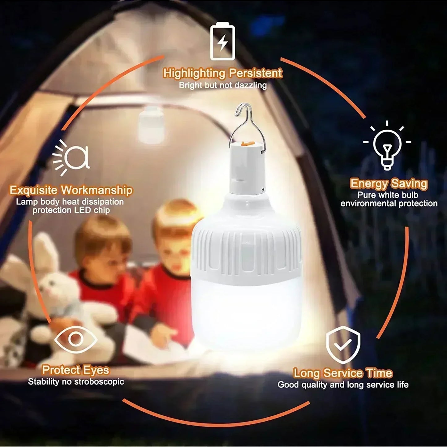 Lâmpada de emergência de 60 W para acampamento ao ar livre, suprimentos EDC, lâmpada LED recarregável USB para áreas externas, lanterna, caminhadas, esportes e entretenimento