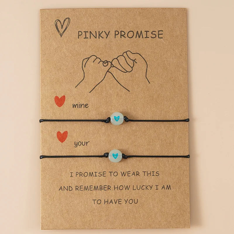 2Pcs/Set Pinky Promise Pulseiras Amizade, Casal Combinando, Pulseira Luminosa Coração, Contas Elásticas, Corda, Presentes Dia dos Namorados