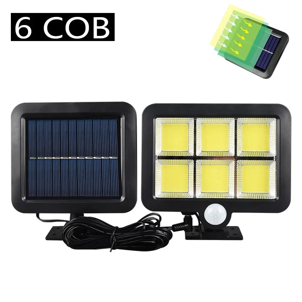 Luz solar externa COB 1/4/6 com sensor de movimento, 3 modos de iluminação IP65 à prova d'água para pátio, garagem, pátio, luz de parede de segurança