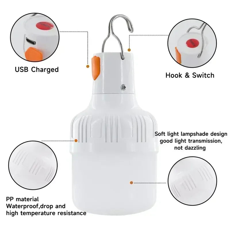 Lâmpada de emergência de 60 W para acampamento ao ar livre, suprimentos EDC, lâmpada LED recarregável USB para áreas externas, lanterna, caminhadas, esportes e entretenimento