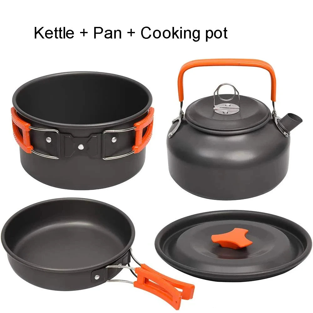Conjunto de cozinha para acampamento, utensílios de cozinha para acampamento, utensílios de mesa para viagem, conjunto para piquenique ao ar livre, bule para 2 a 3 pessoas, potes antiaderentes, conjuntos variados