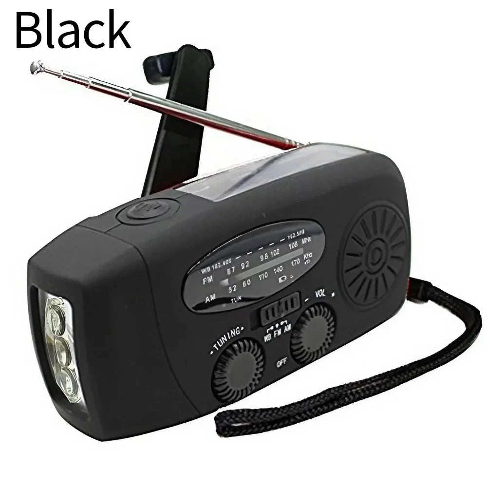 Rádio meteorológico de emergência, rádio multifuncional FM AM WB, manivela, carregamento USB solar, banco de energia de 2000 mAh, lanterna LED