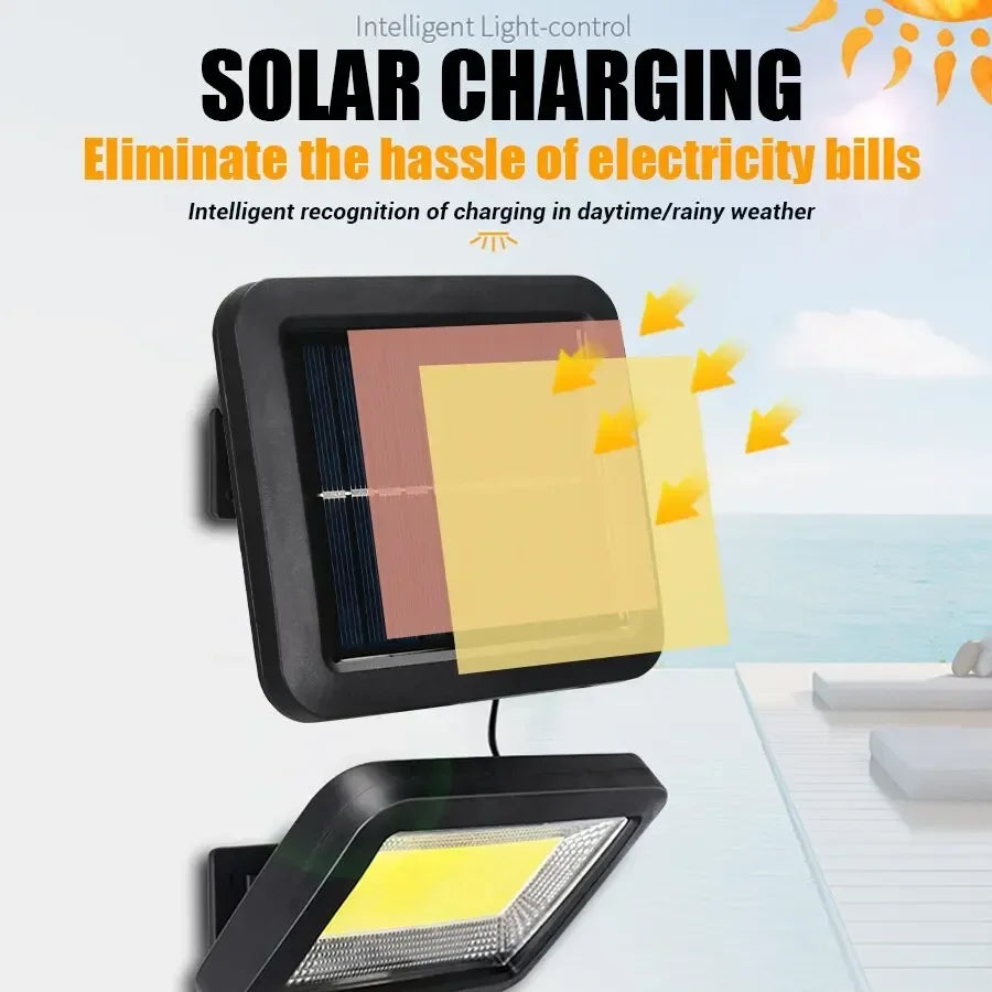 Luz solar externa COB 1/4/6 com sensor de movimento, 3 modos de iluminação IP65 à prova d'água para pátio, garagem, pátio, luz de parede de segurança