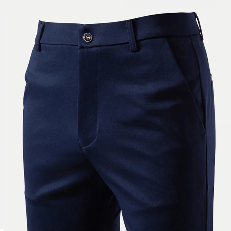Calças de terno casuais de negócios finas de verão masculinas, calças compridas, calças formais de manga reta elásticas masculinas, tamanho grande 28-40