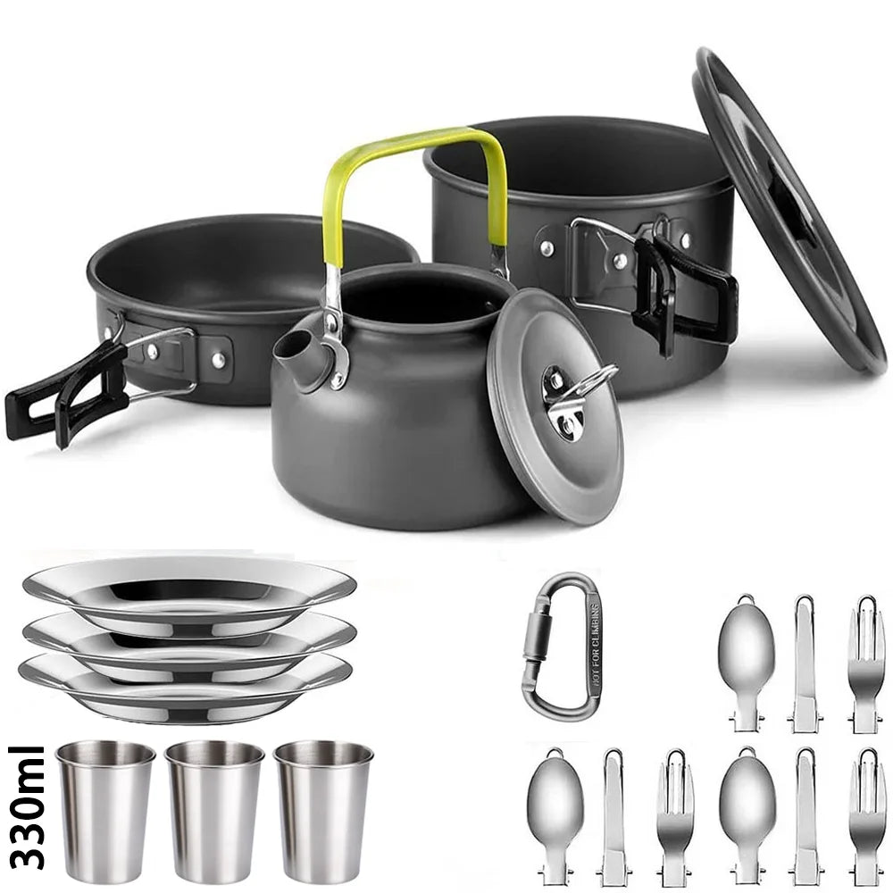 Conjunto de cozinha para acampamento, utensílios de cozinha para acampamento, utensílios de mesa para viagem, conjunto para piquenique ao ar livre, bule para 2 a 3 pessoas, potes antiaderentes, conjuntos variados