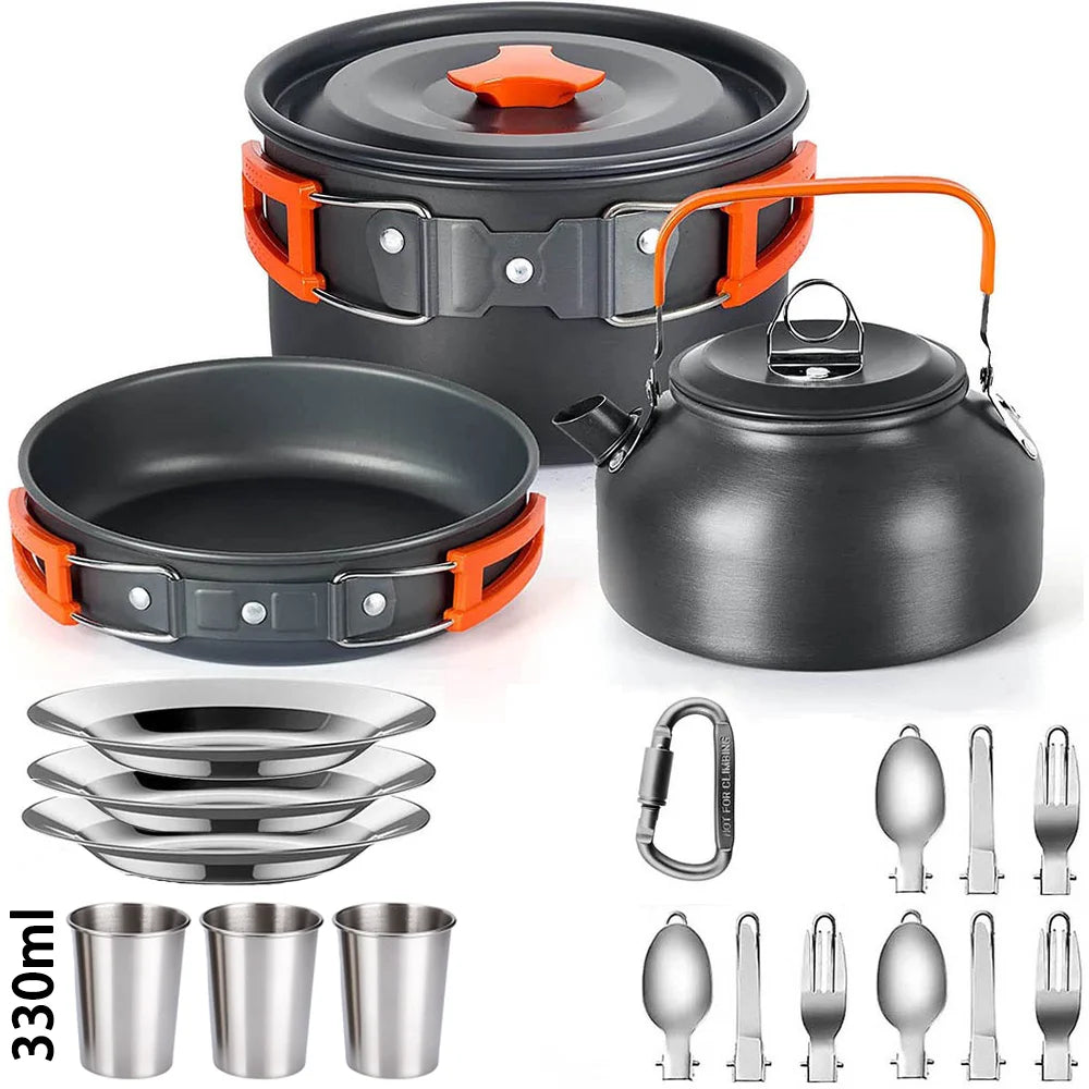 Conjunto de cozinha para acampamento, utensílios de cozinha para acampamento, utensílios de mesa para viagem, conjunto para piquenique ao ar livre, bule para 2 a 3 pessoas, potes antiaderentes, conjuntos variados