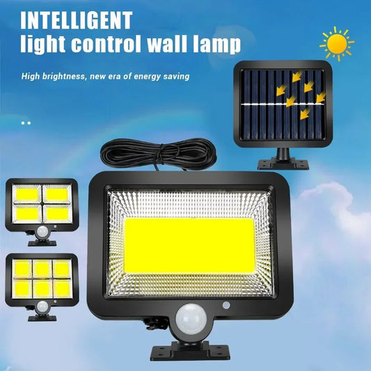 Luz solar externa COB 1/4/6 com sensor de movimento, 3 modos de iluminação IP65 à prova d'água para pátio, garagem, pátio, luz de parede de segurança