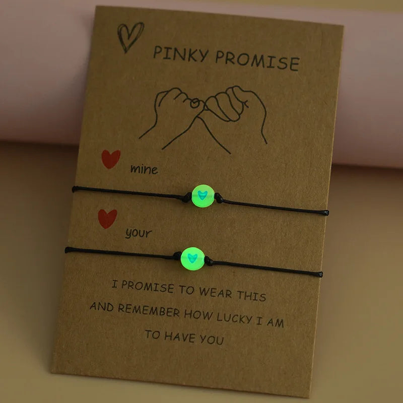 2Pcs/Set Pinky Promise Pulseiras Amizade, Casal Combinando, Pulseira Luminosa Coração, Contas Elásticas, Corda, Presentes Dia dos Namorados