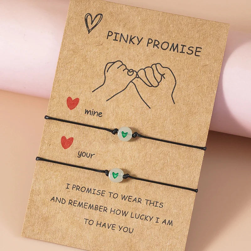 2Pcs/Set Pinky Promise Pulseiras Amizade, Casal Combinando, Pulseira Luminosa Coração, Contas Elásticas, Corda, Presentes Dia dos Namorados