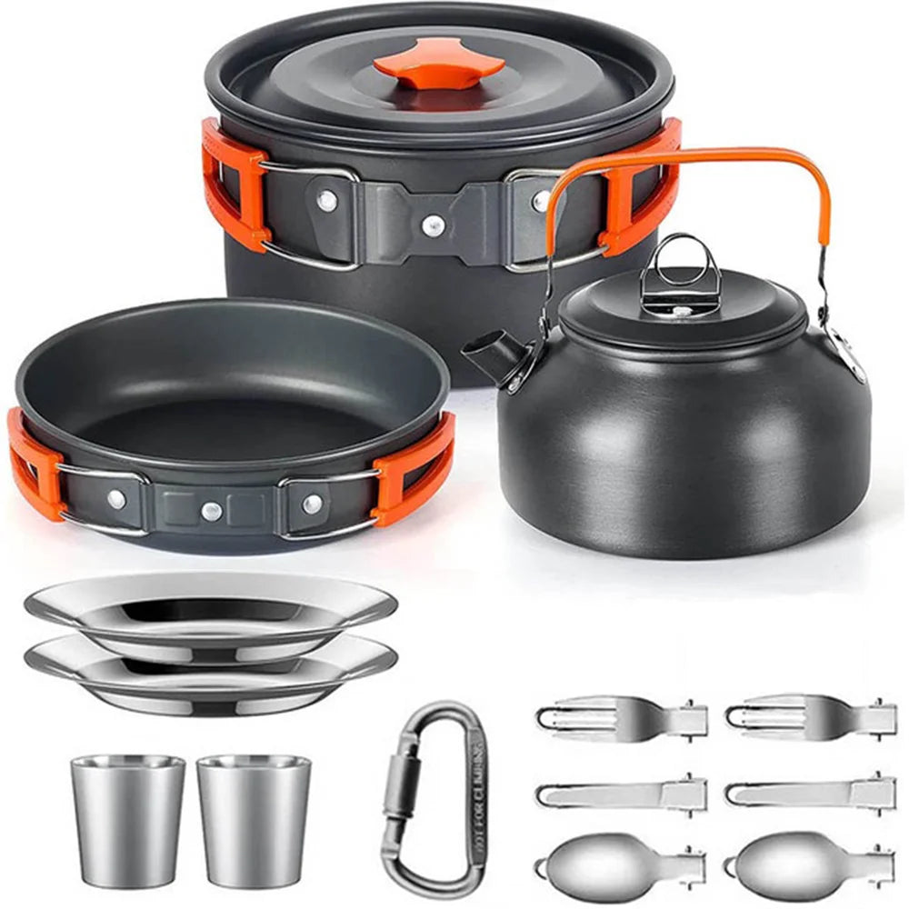 Conjunto de cozinha para acampamento, utensílios de cozinha para acampamento, utensílios de mesa para viagem, conjunto para piquenique ao ar livre, bule para 2 a 3 pessoas, potes antiaderentes, conjuntos variados