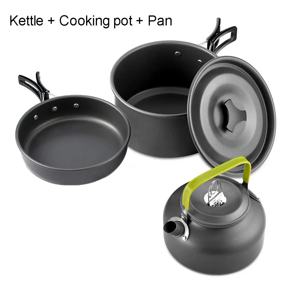 Conjunto de cozinha para acampamento, utensílios de cozinha para acampamento, utensílios de mesa para viagem, conjunto para piquenique ao ar livre, bule para 2 a 3 pessoas, potes antiaderentes, conjuntos variados