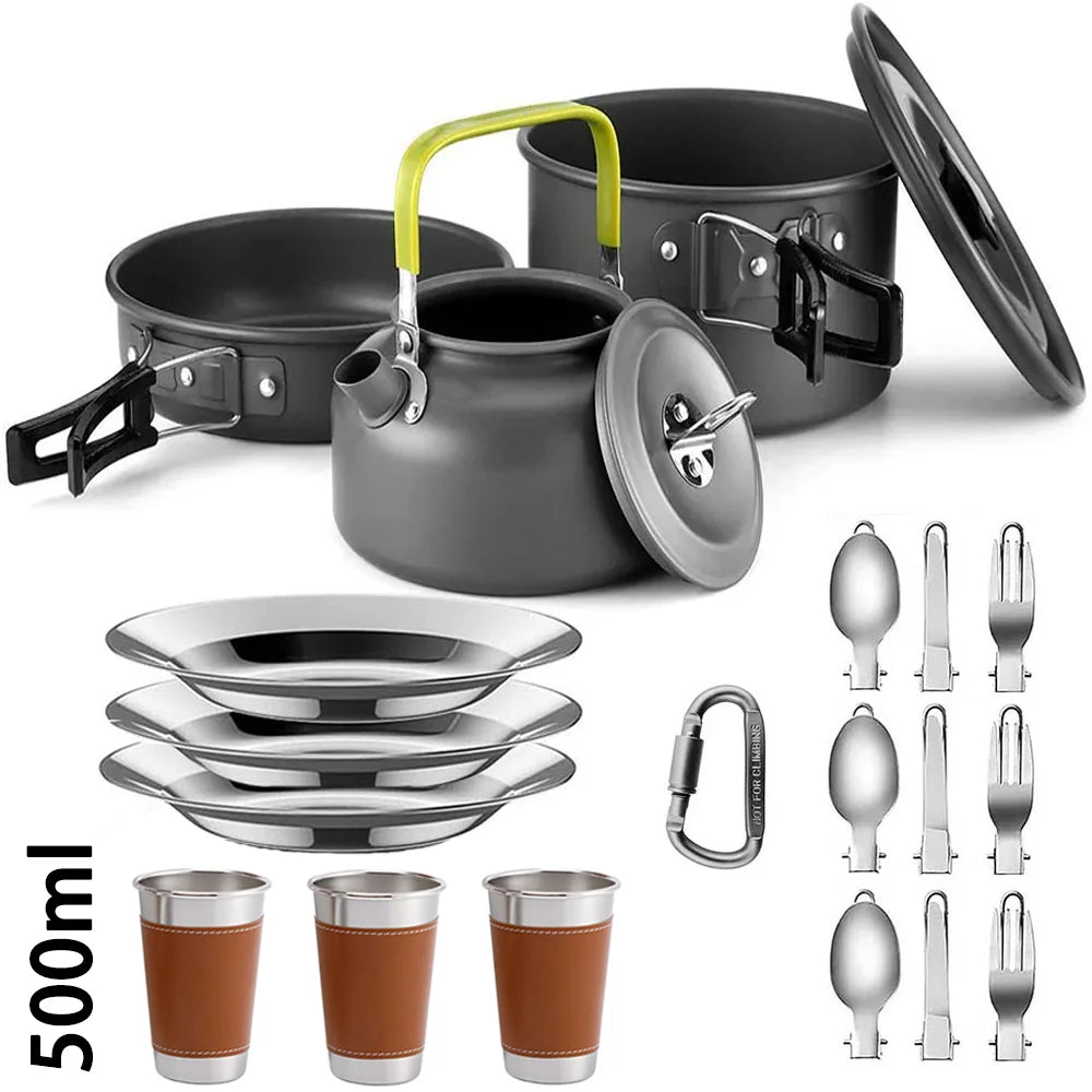 Conjunto de cozinha para acampamento, utensílios de cozinha para acampamento, utensílios de mesa para viagem, conjunto para piquenique ao ar livre, bule para 2 a 3 pessoas, potes antiaderentes, conjuntos variados