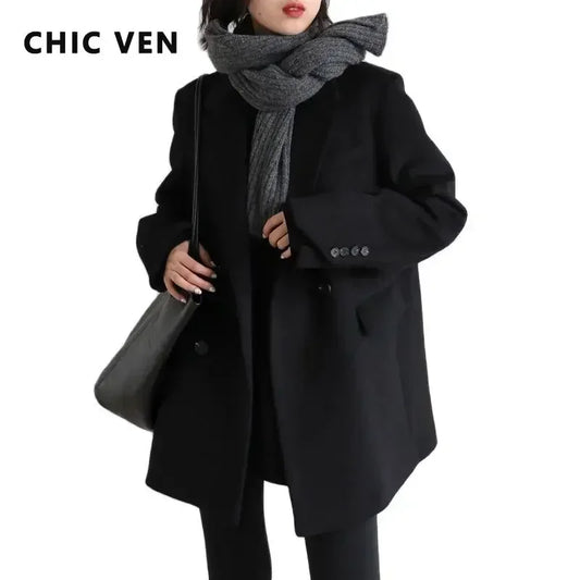 CHIC Casaco de lã feminino, casaco longo, sólido, médio, de lã, grosso, blusa quente, sobretudo feminino, tops para escritório, outono e inverno