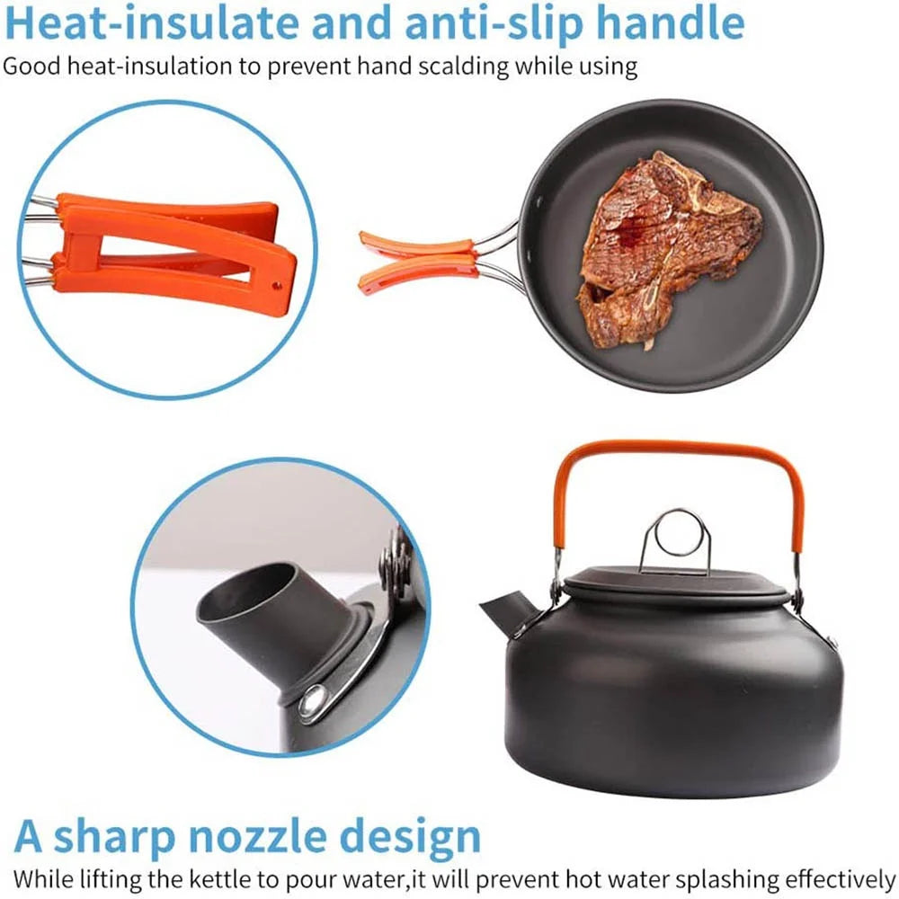 Conjunto de cozinha para acampamento, utensílios de cozinha para acampamento, utensílios de mesa para viagem, conjunto para piquenique ao ar livre, bule para 2 a 3 pessoas, potes antiaderentes, conjuntos variados
