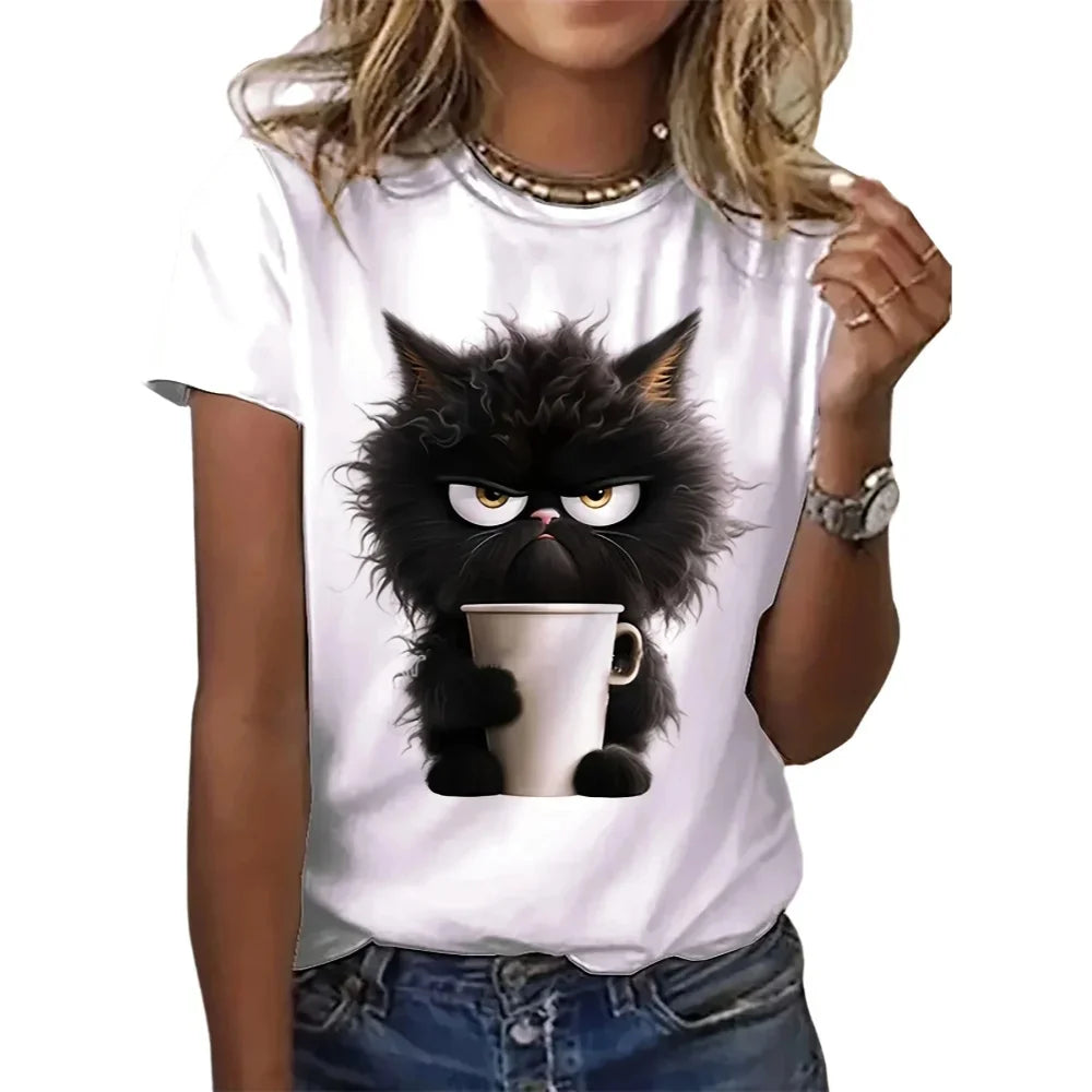 Camiseta estampada branca engraçada com gato