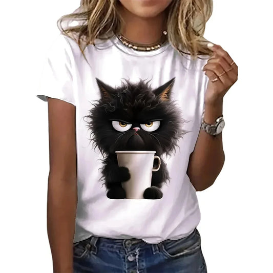 Camiseta estampada branca engraçada com gato