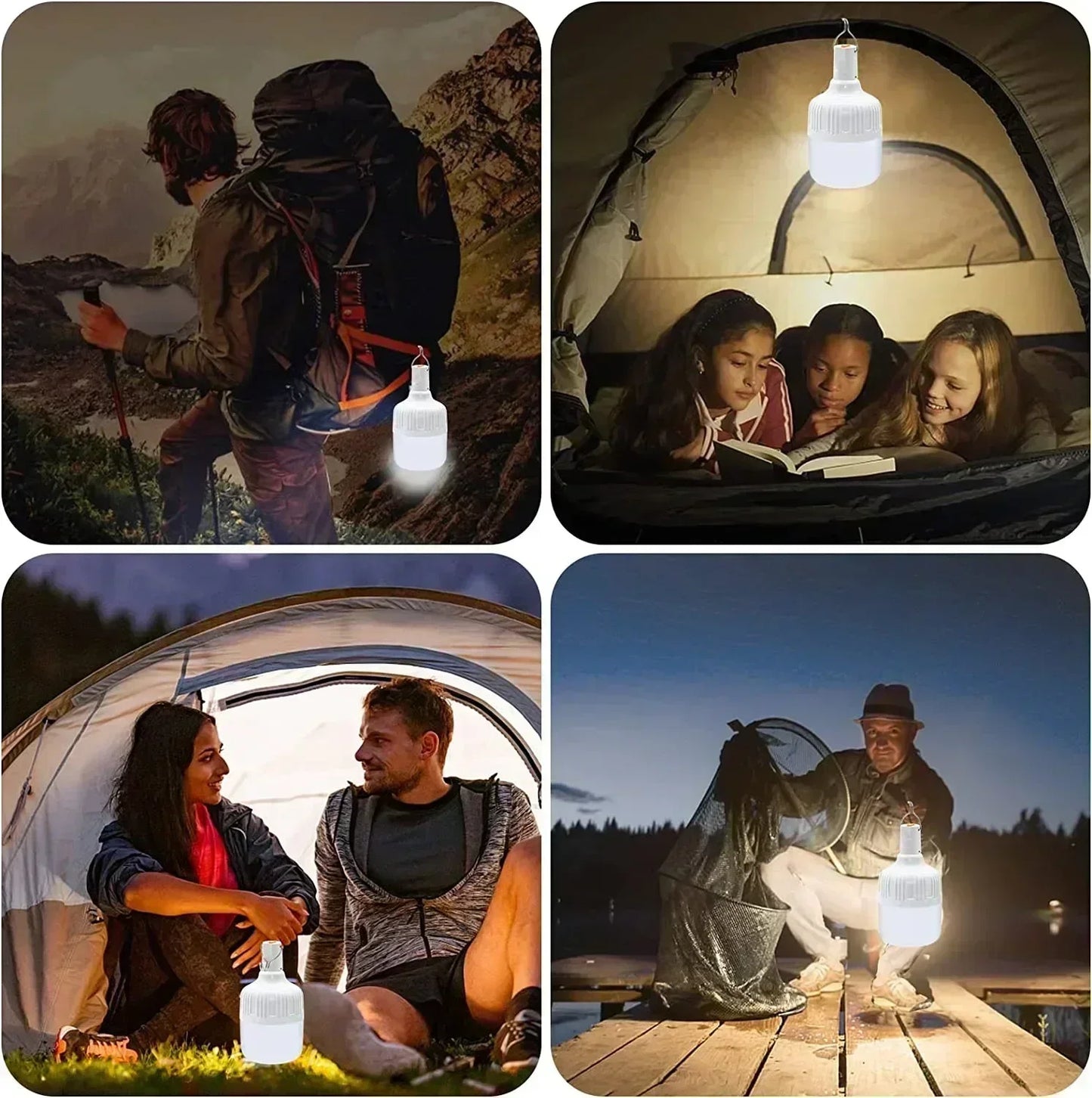 Lâmpada de emergência de 60 W para acampamento ao ar livre, suprimentos EDC, lâmpada LED recarregável USB para áreas externas, lanterna, caminhadas, esportes e entretenimento