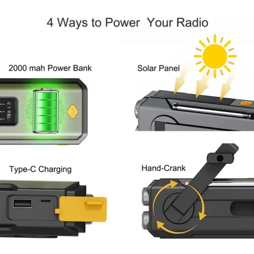 Rádio meteorológico de emergência, rádio multifuncional FM AM WB, manivela, carregamento USB solar, banco de energia de 2000 mAh, lanterna LED