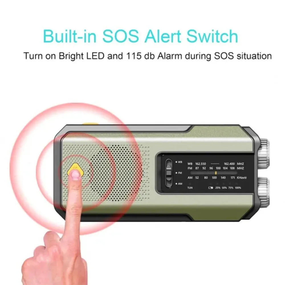Rádio meteorológico de emergência, rádio multifuncional FM AM WB, manivela, carregamento USB solar, banco de energia de 2000 mAh, lanterna LED