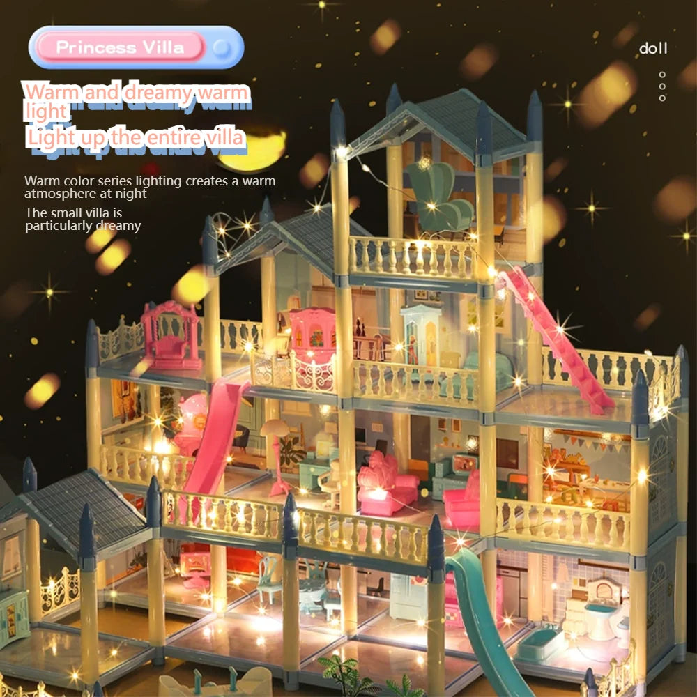Kit de casa de bonecas castelo de princesa 3D faça você mesmo com luzes de LED | Modelo de vila em miniatura | Presente criativo de aniversário, brinquedo e decoração para casa