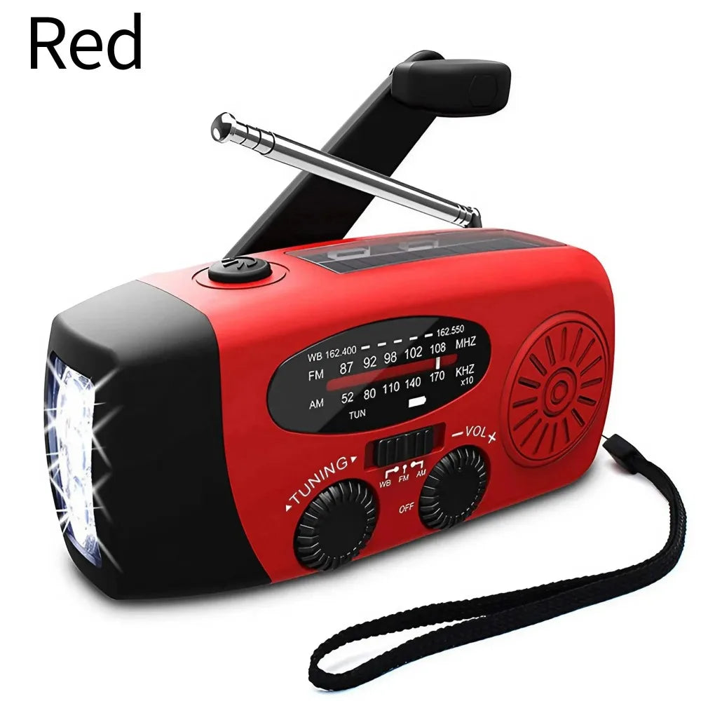 Rádio meteorológico de emergência, rádio multifuncional FM AM WB, manivela, carregamento USB solar, banco de energia de 2000 mAh, lanterna LED