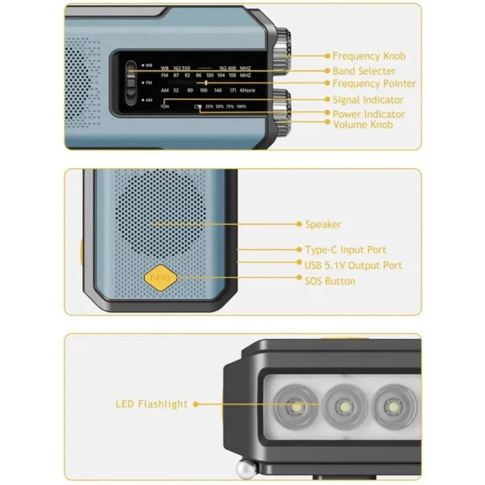 Rádio meteorológico de emergência, rádio multifuncional FM AM WB, manivela, carregamento USB solar, banco de energia de 2000 mAh, lanterna LED